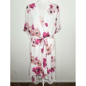 Lane Bryant White Pink Floral Chiffon V-Neck Hi-Low Dress Tie Waist Size 18 EUC